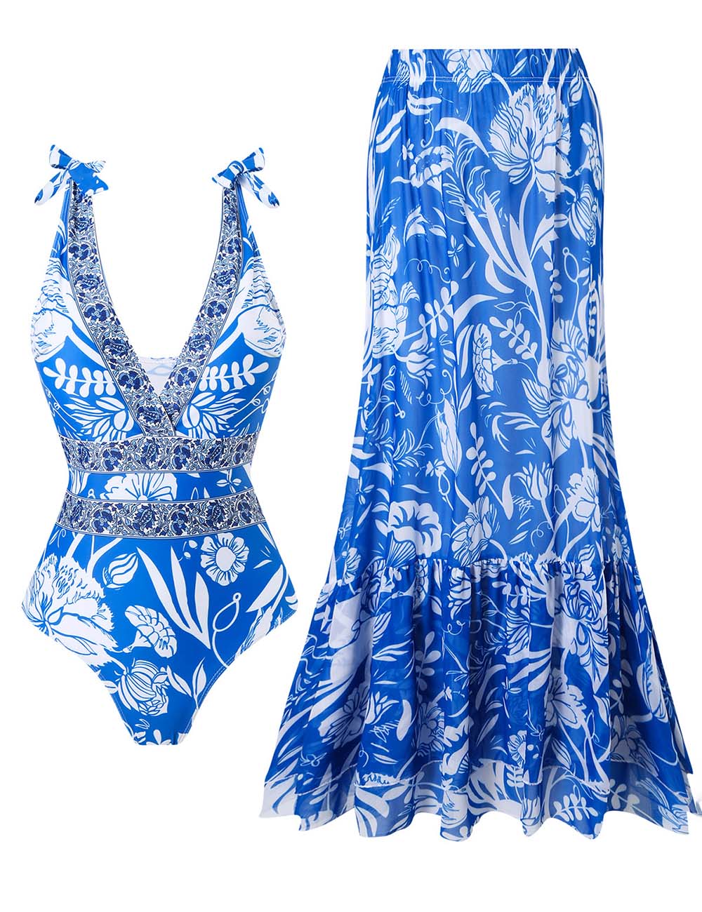Ladies Floral Print One-Piece Swimsuit with Ruffle Hem Cover Up Skirt Set