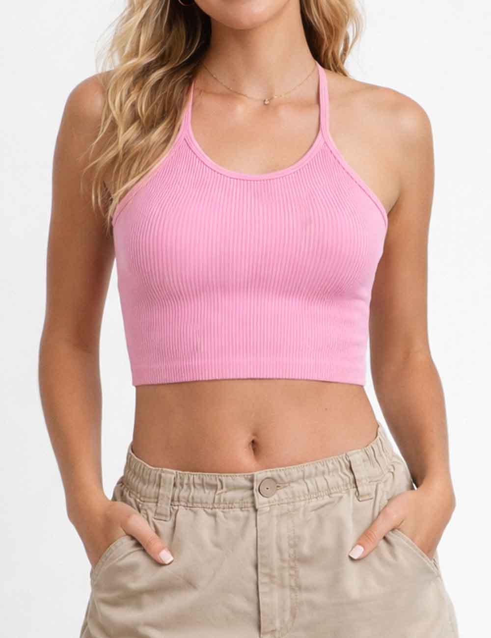 Ladies Casual Ribbed Scoop Neck Sleeveless Crop Cami Top