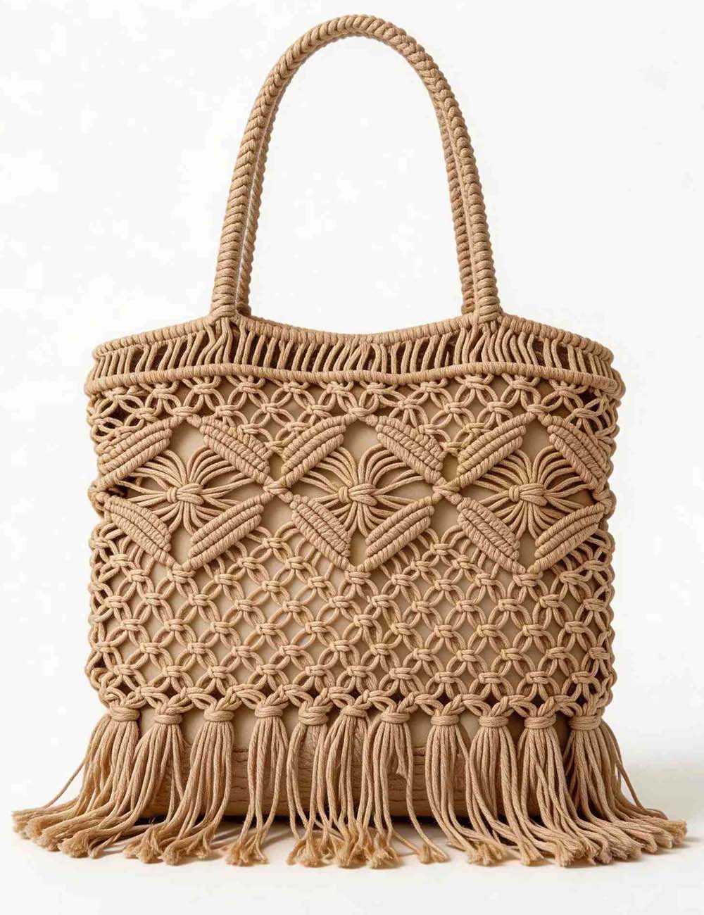 Ladies Boho Macrame Fringe Handle Beach Tote Bag