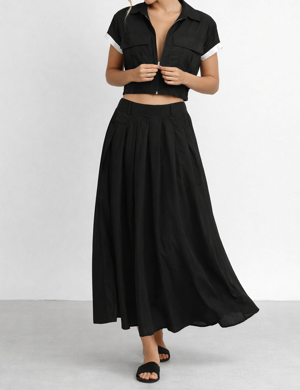 Ladies Zip-Up Utility Pocket Jacket Top & Maxi Skirt Matching Set