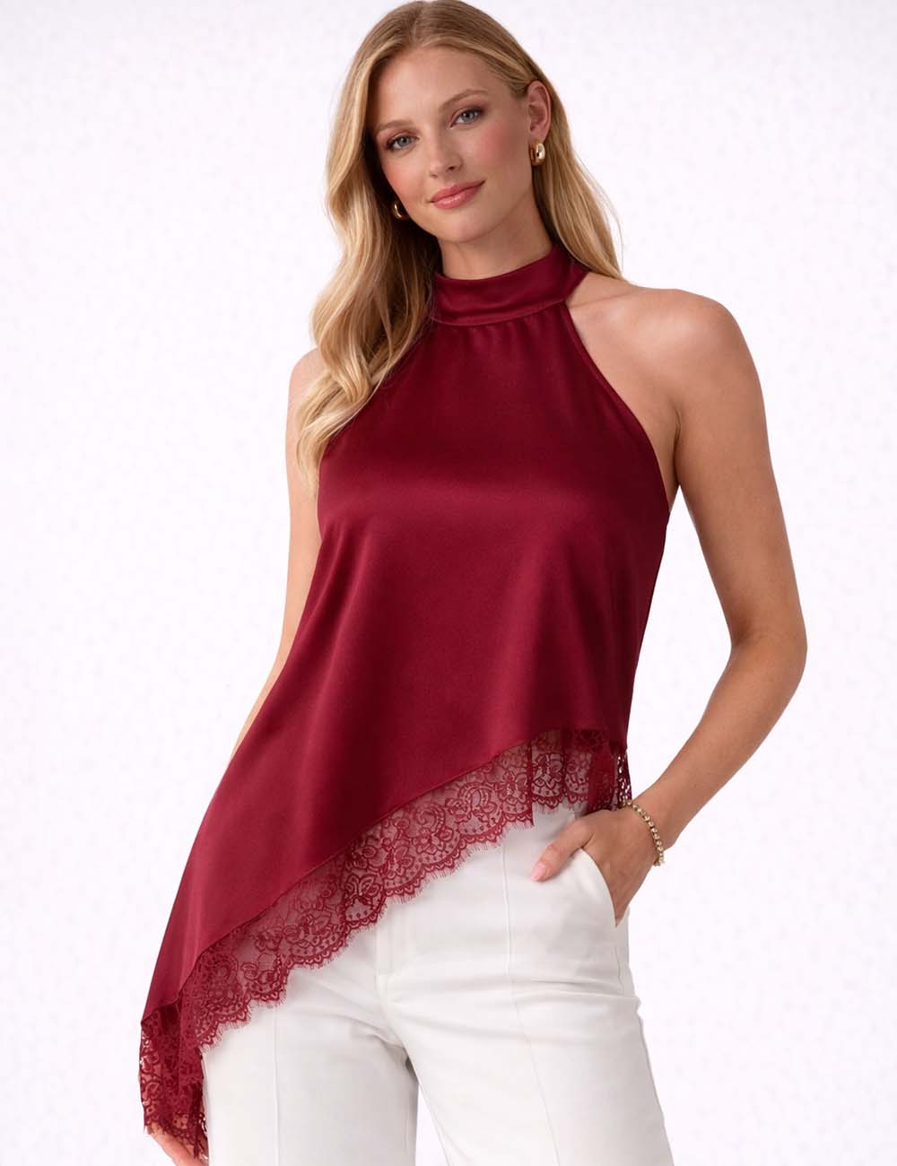 Ladies Satin Halter Neck Lace Irregular Hem Sleeveless Top