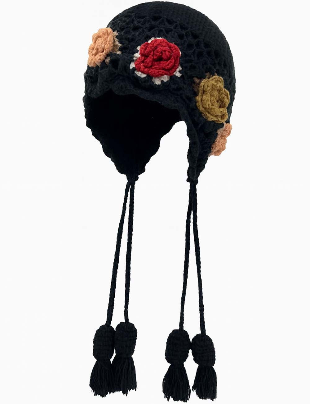Ladies 3D Floral Crochet Knit Hollow Out Tassel Hat