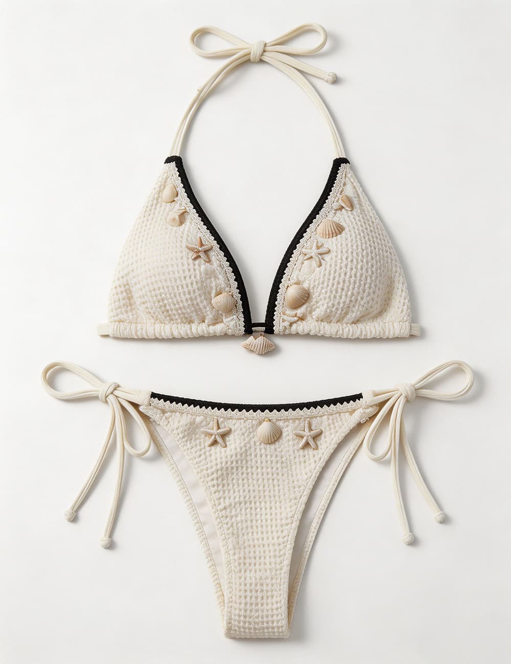 Ladies Waffle Shell Crochet Trim Halter Triangle 2 Piece Bikini Set