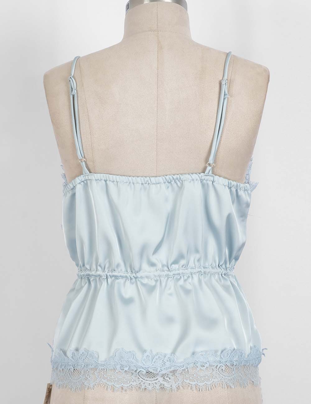 Ladies Romantic Stain Lace Trim V-Neck Waist Drawstring Cami Top