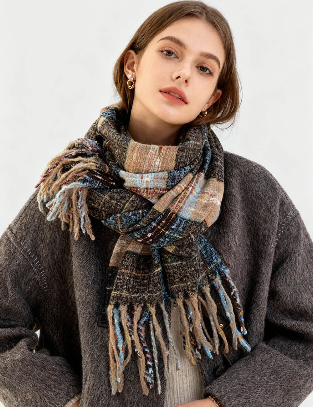 Ladies Christmas Plaid Fringe Oblong Knit Scarf