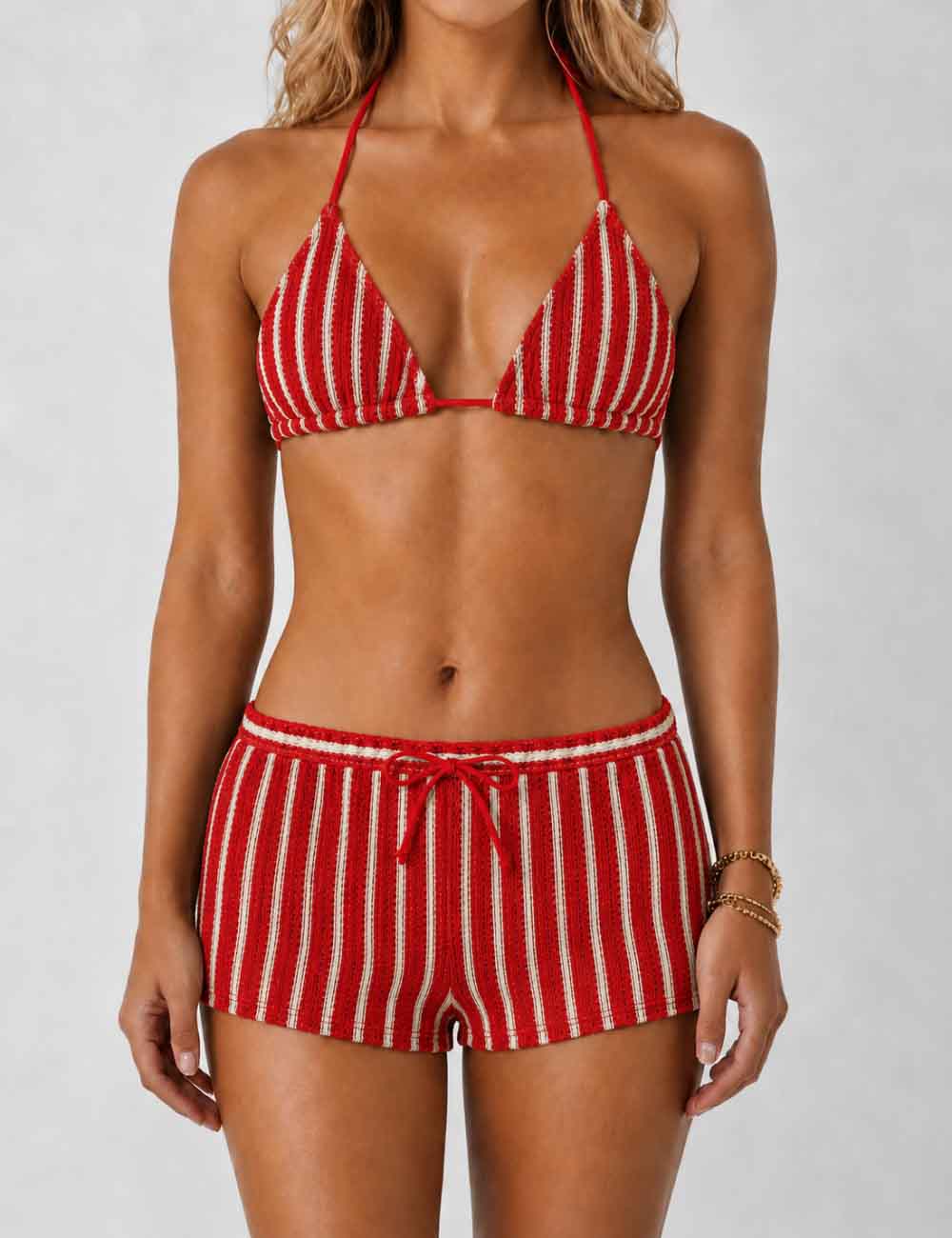 Ladies Striped Crochet Triangle 3 Piece Bikini Set With Cover Up Shorts
