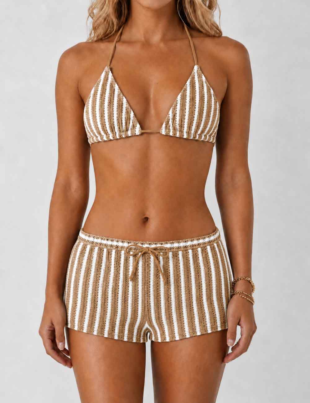 Ladies Striped Crochet Triangle 3 Piece Bikini Set With Cover Up Shorts