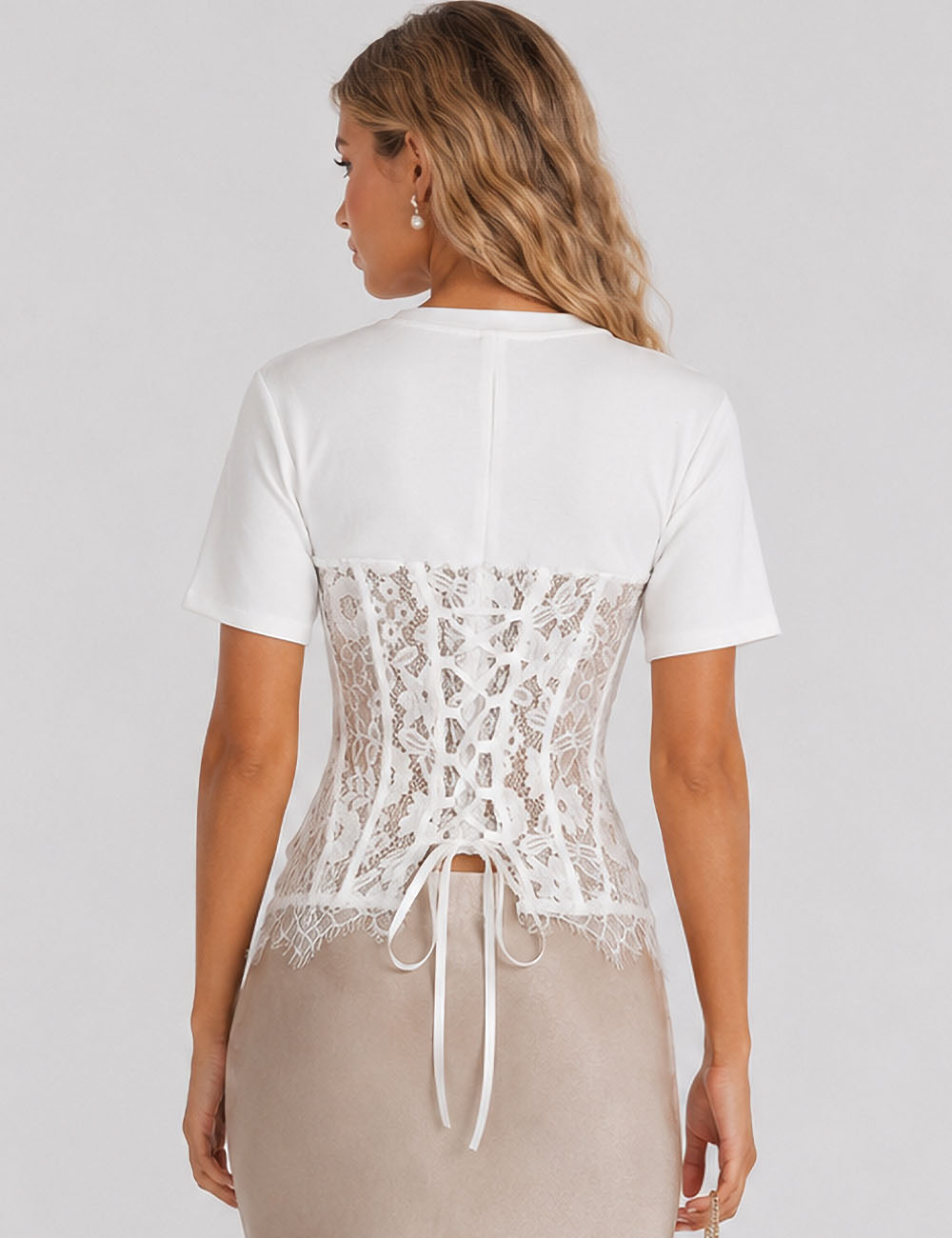 Ladies Lace Scalloped Hem Round Neck Short Sleeves Top