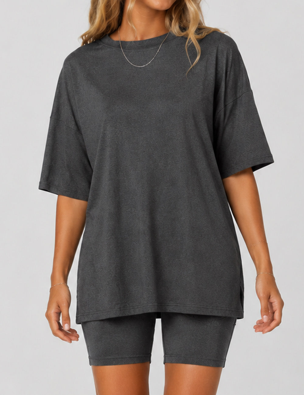 Ladies Solid Loungewear Outfits Loose Top & Slim Shorts Set