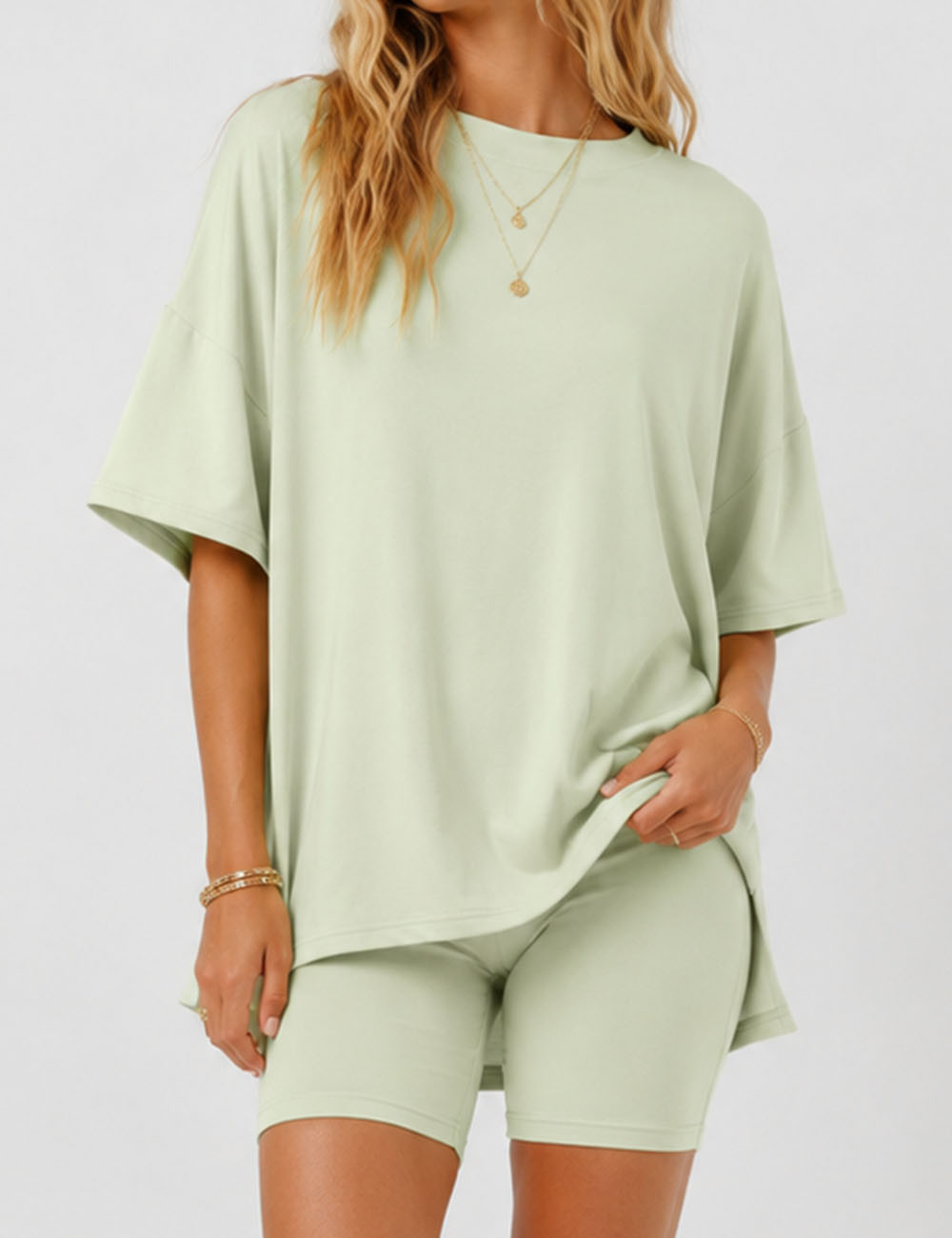 Ladies Solid Loungewear Outfits Loose Top & Slim Shorts Set