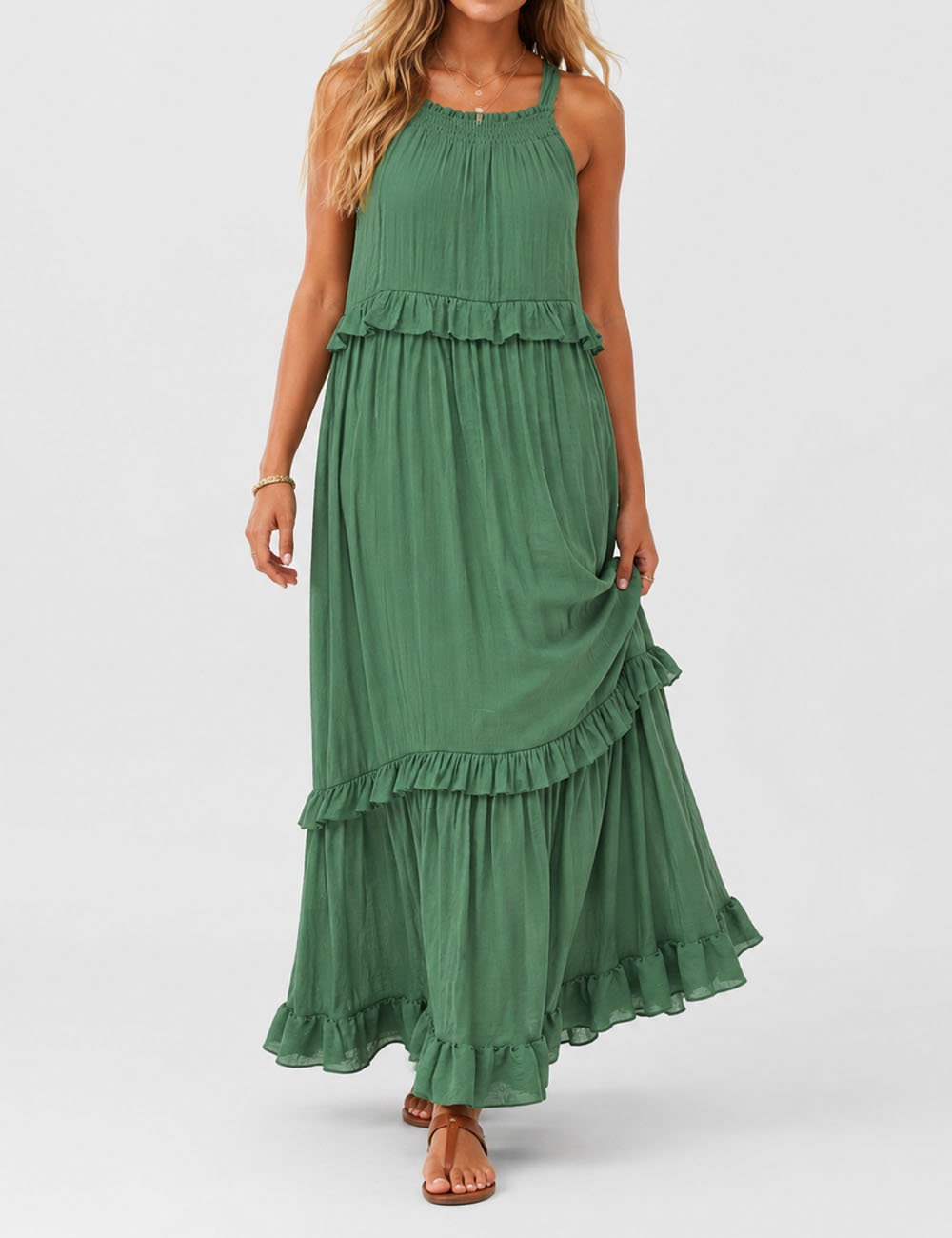 Ladies Boho Ruffle Tiered Hem Sleeveless Solid Color Maxi Dress