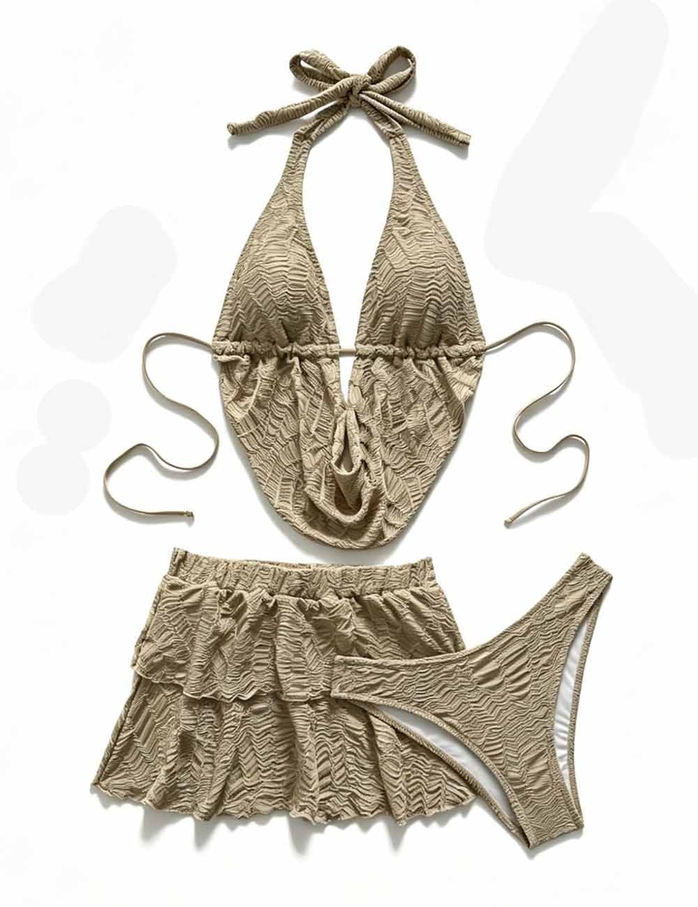 Ladies Cowl Drape Detail Triangle Bikini Set with Mini Skirt