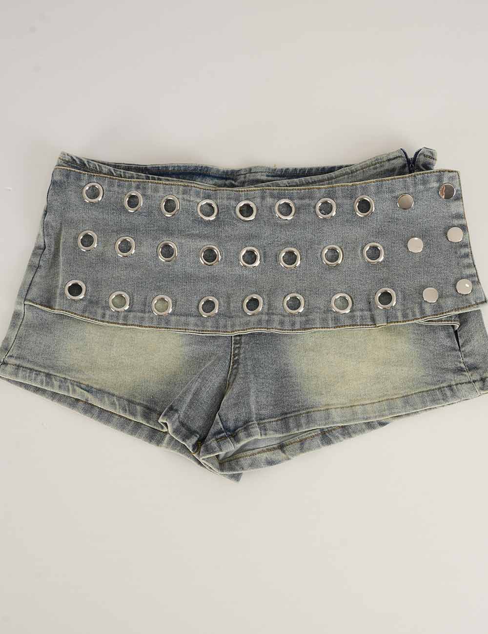 Ladies Metal Eyelet Belt Wrap Denim Mini Shorts