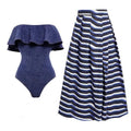 Denim Blue Ruffle One Piece Swimwear with Cover