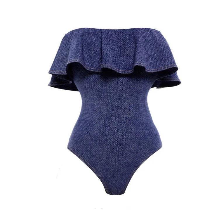 Denim Blue Ruffle One Piece Swimwear with Cover