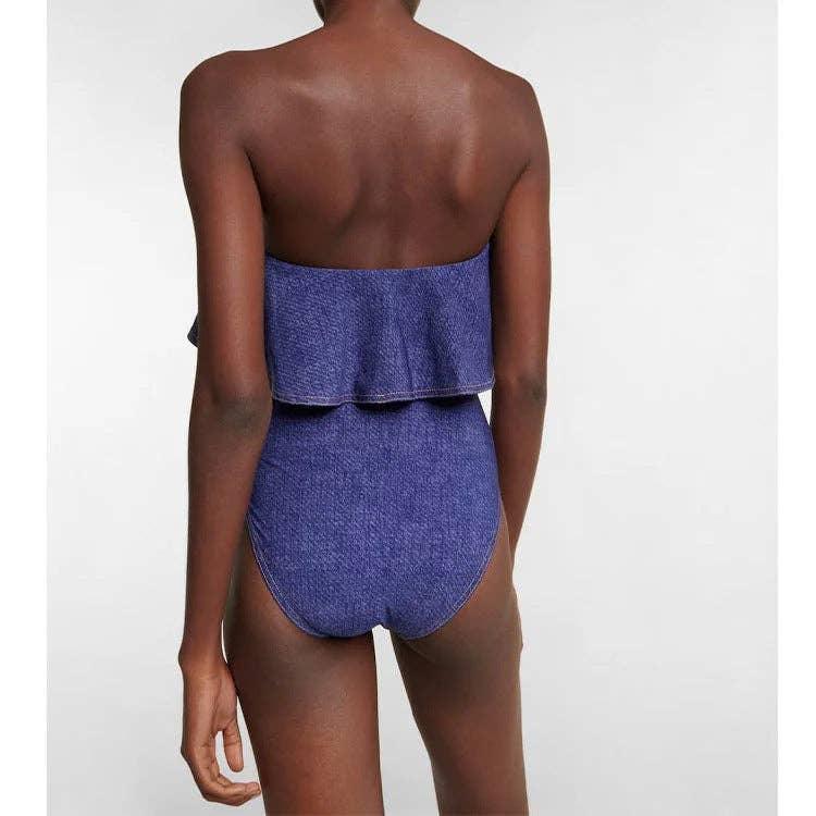 Denim Blue Ruffle One Piece Swimwear with Cover