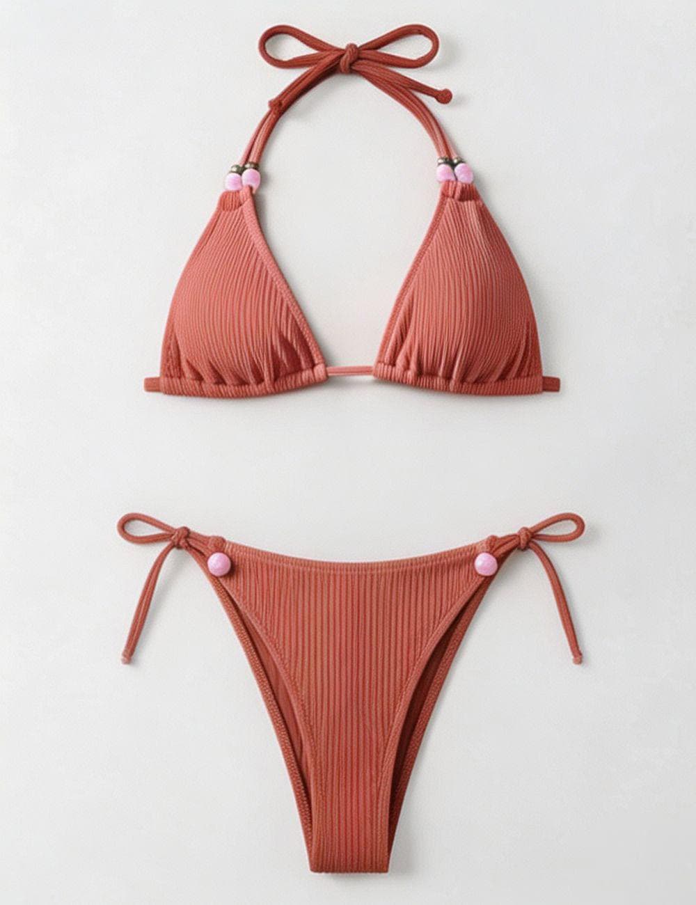 Ladies Ribbed Beaded Halter Triangle 2 Piece Bikini Set
