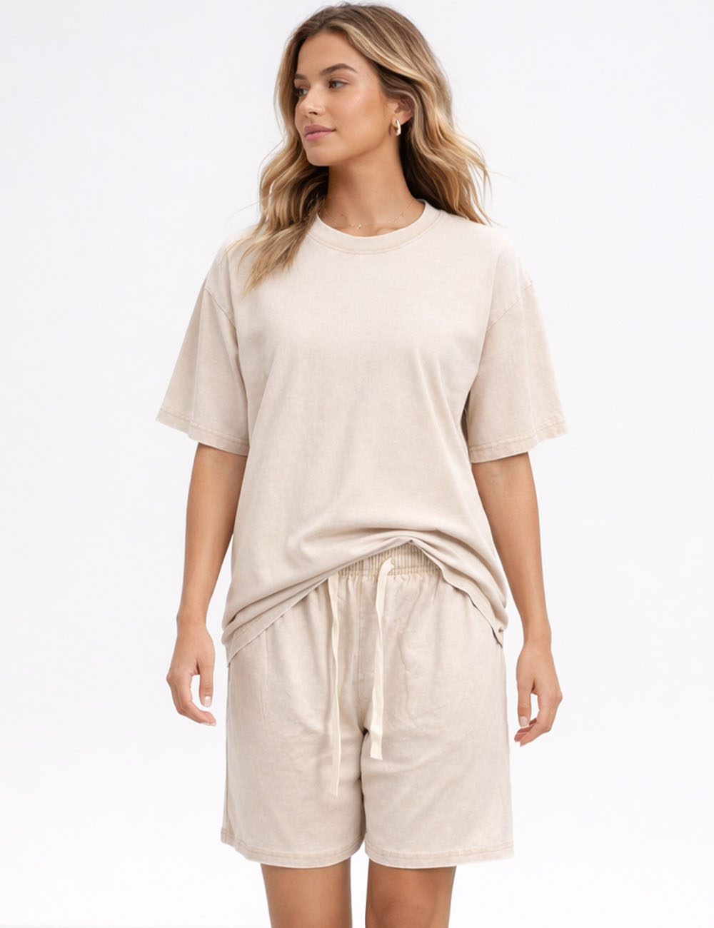 Ladies Washed Round Neck Short Sleeves T-shirt & Shorts Matching Set