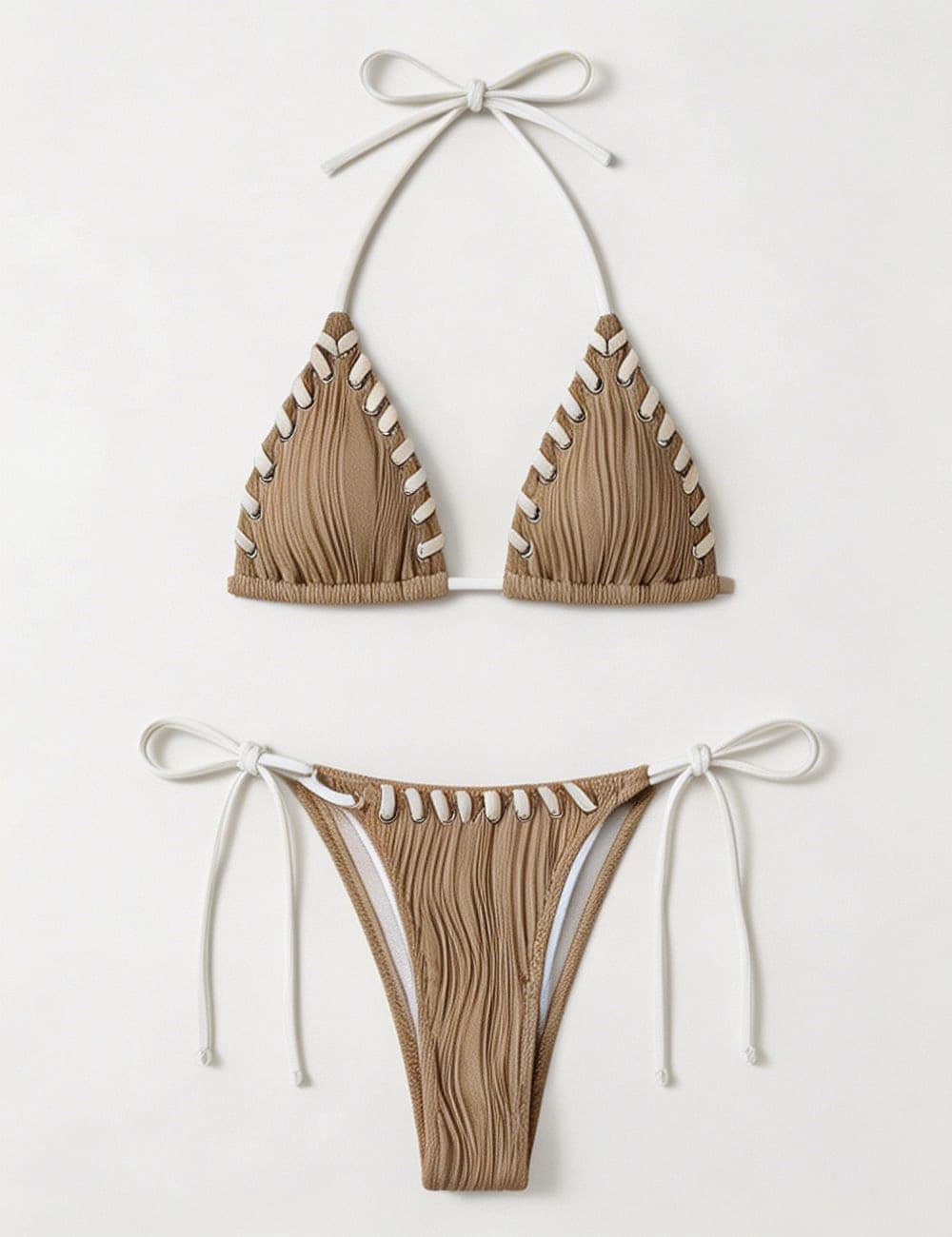 Ladies Braided Trim Ribbed Halter Triangle 2 Piece Bikini Set