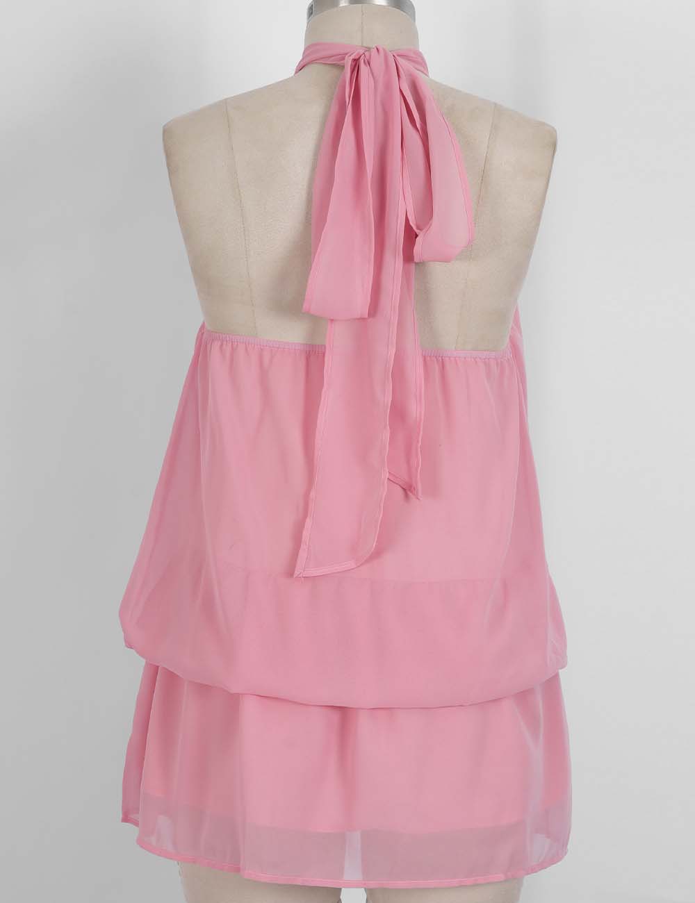 Ladies Chiffon Stand Neck Solid Color Ruffle Hem Sleeveless Top