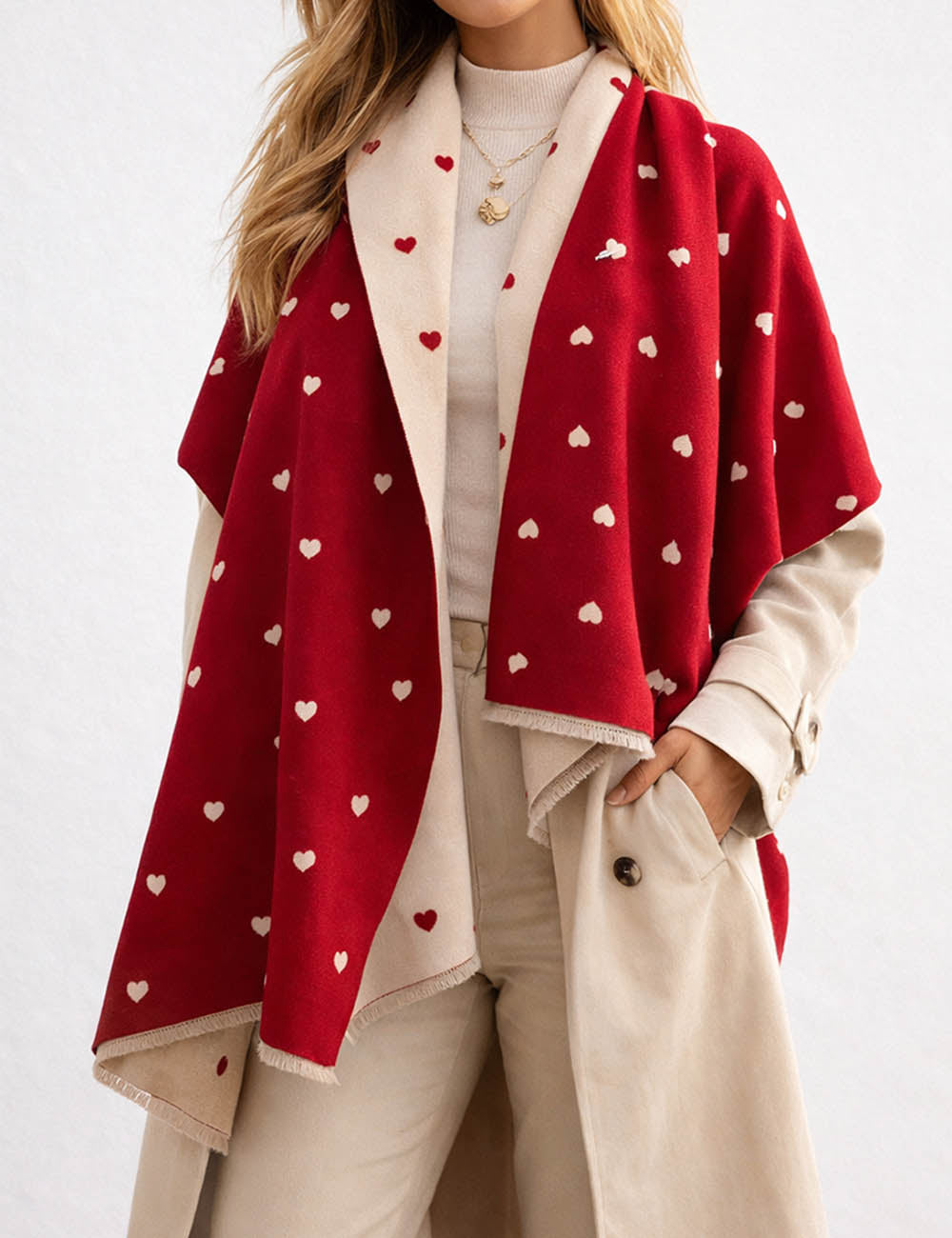 Ladies Valentine's Heart Jacquard Color Block Reversible Shawl Scarf