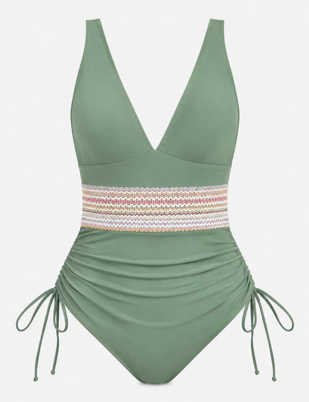 Ladies Deep V-Neck Adjustable Side Drawstring One Piece Swimsuit