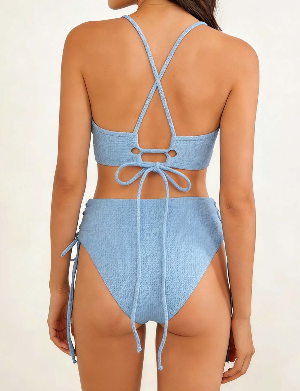 Ladies Solid Color Shoulder String Tie Bikini Set 8BK3WST317