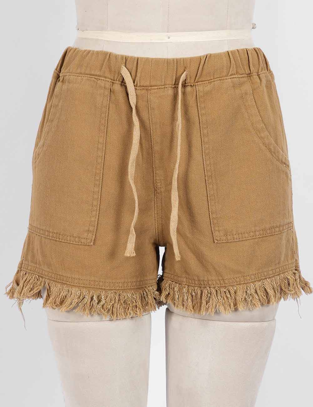 Ladies Solid Color Drawstring Waist Frayed Hem Denim Shorts