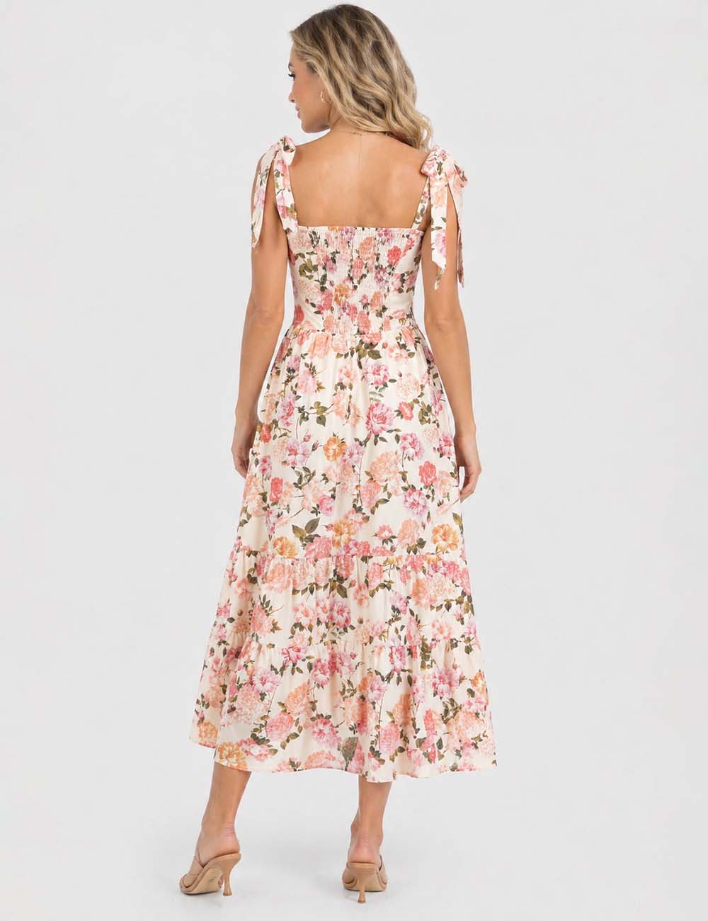 Ladies Floral Print Tie Strap Lace Trim Square Neck Midi Dress