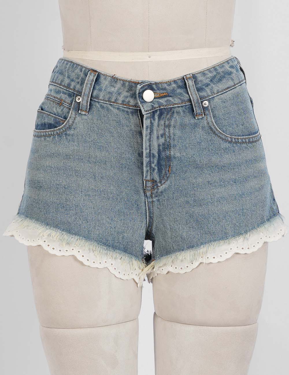 Ladies Lace Trim Frayed Hem Wide Leg Denim Shorts