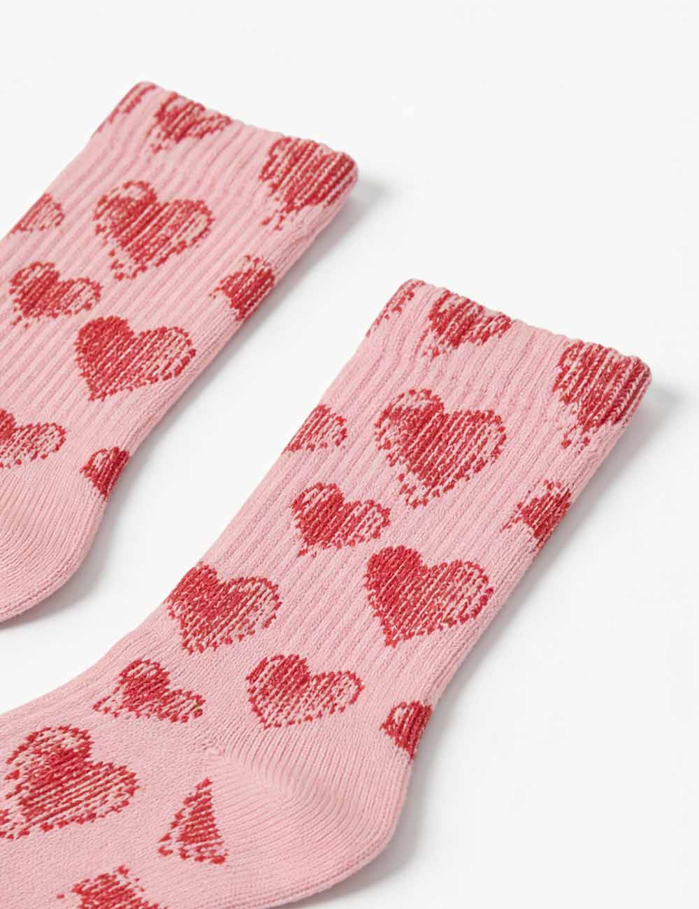 Ladies Valentine's Heart Pattern Ribbed Edge Knit Midi Calf Socks