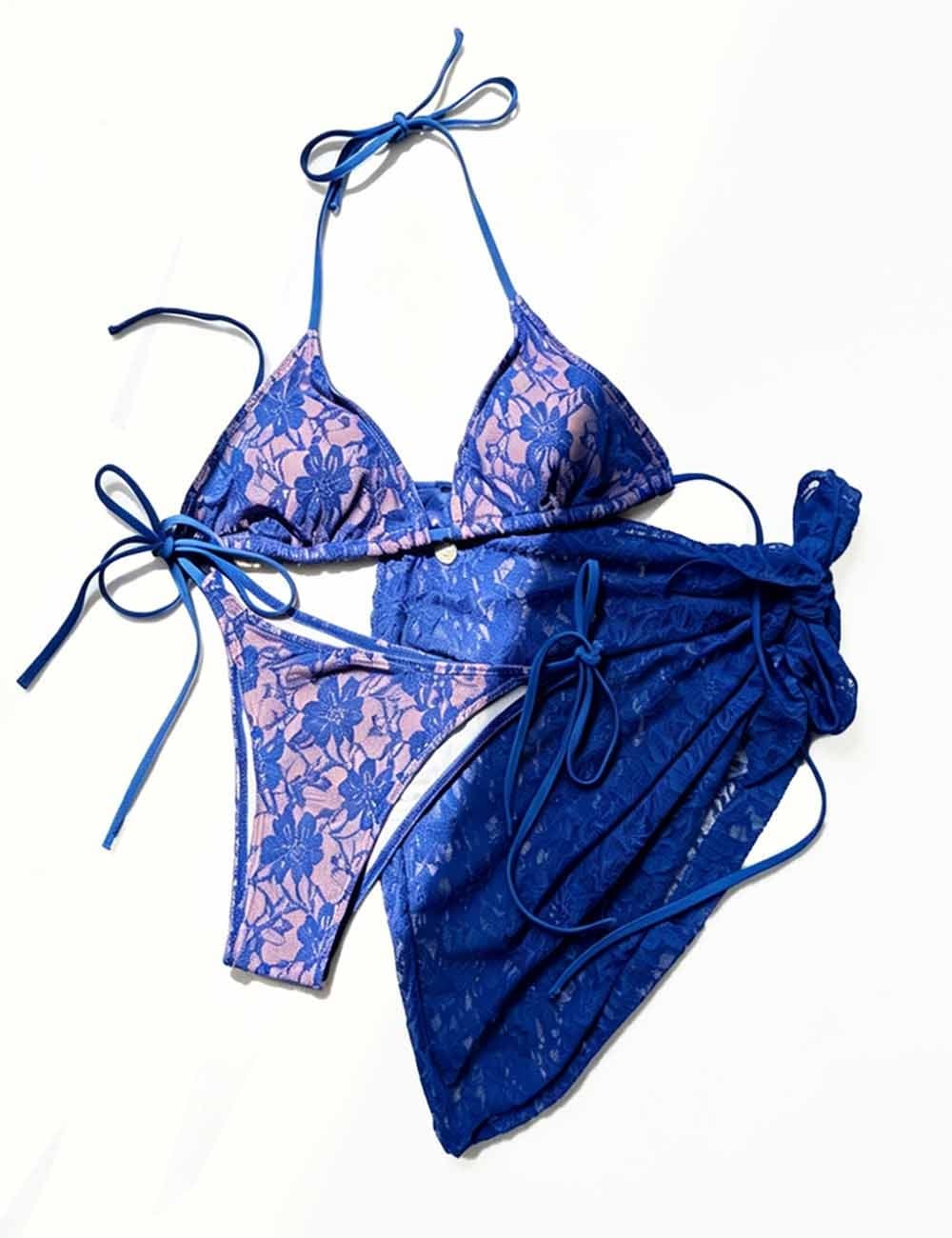 Ladies Floral Lace Mesh Triangle Bikini Set with Sarong Set