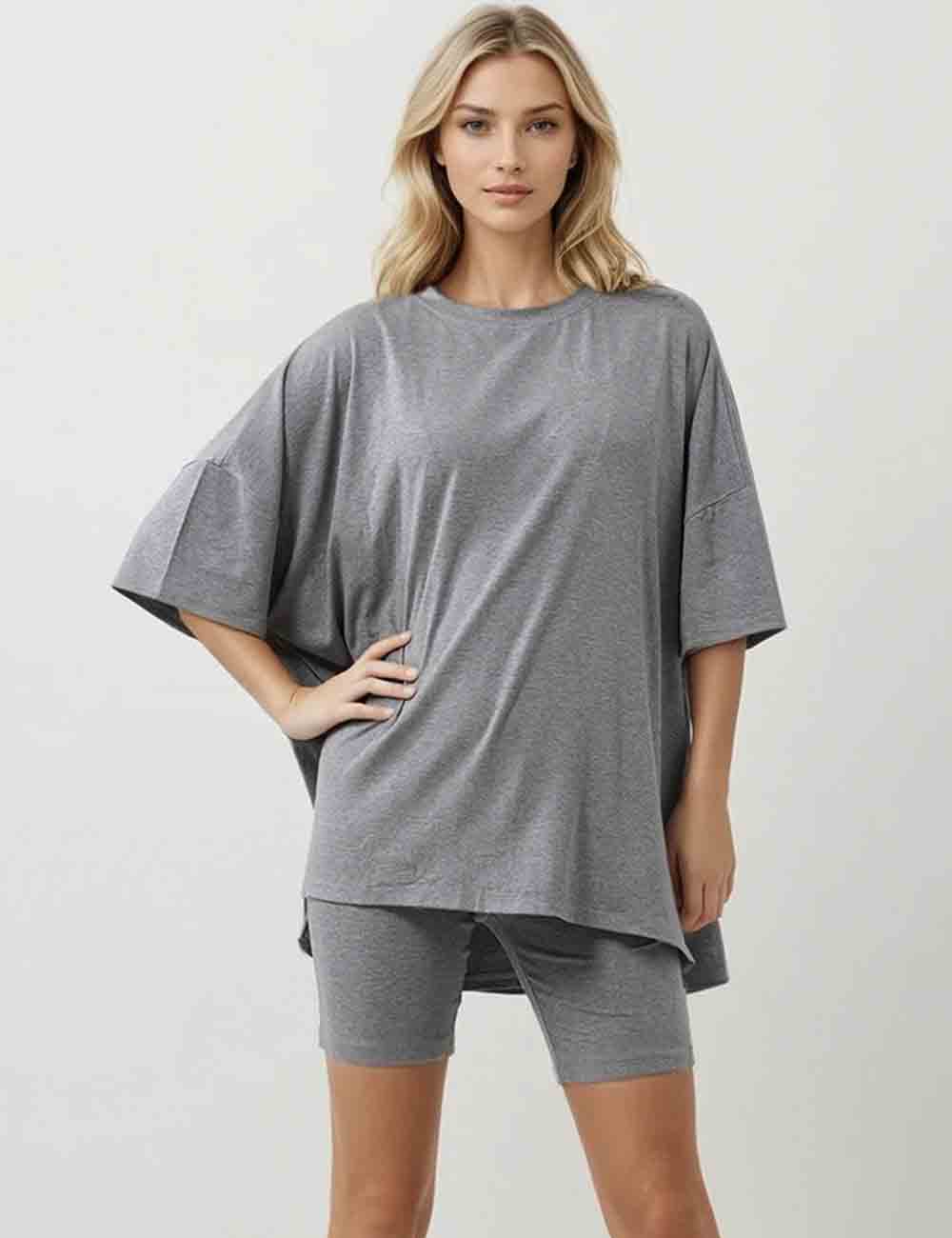 Ladies Solid Loungewear Outfits Loose Top & Slim Shorts Set