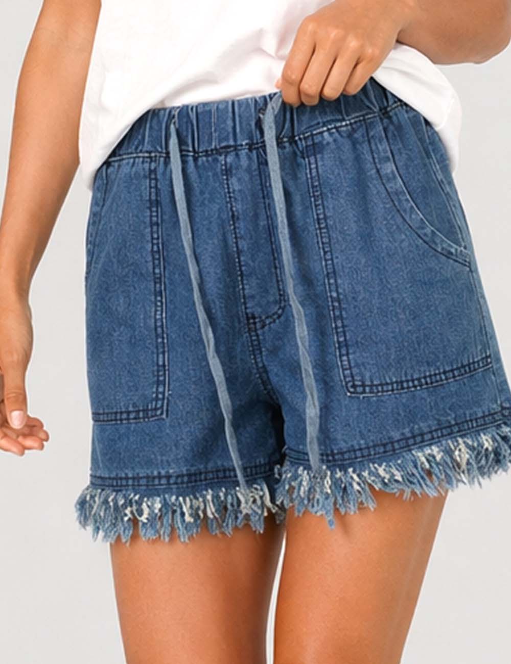 Ladies Solid Color Drawstring Waist Frayed Hem Denim Shorts