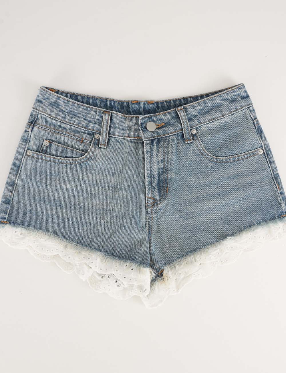 Ladies Lace Trim Frayed Hem Wide Leg Denim Shorts
