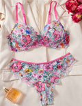 Ladies Sexy Eyelet Mesh Floral Bra Thong Lingerie Set
