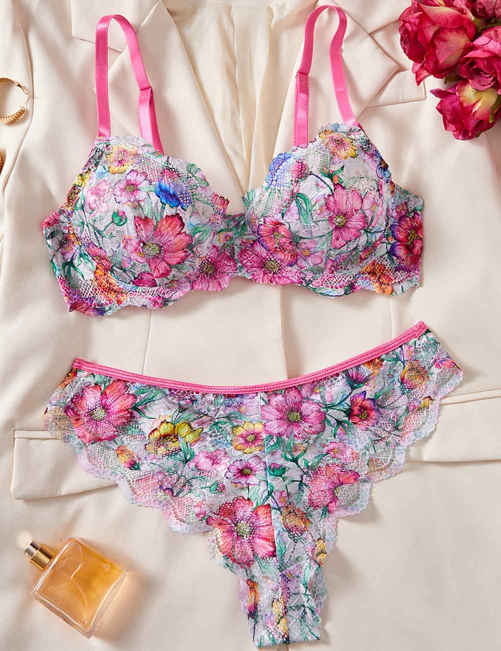 Ladies Sexy Eyelet Mesh Floral Bra Thong Lingerie Set