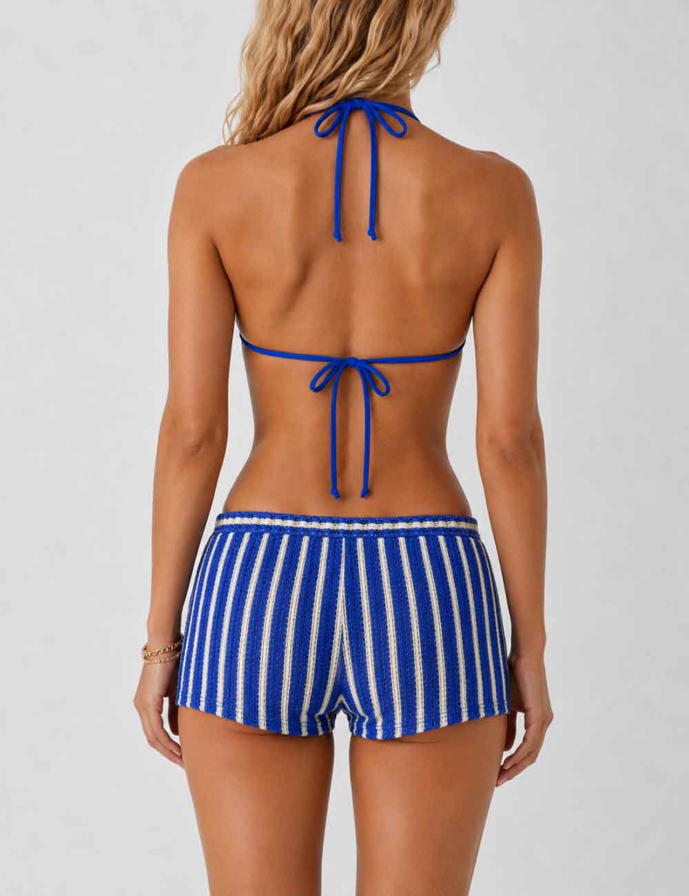 Ladies Striped Crochet Triangle 3 Piece Bikini Set With Cover Up Shorts