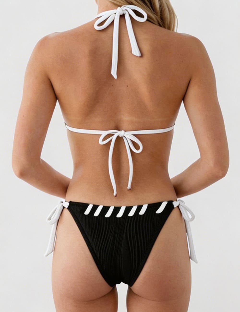 Ladies Contrast Stitch Ribbed Halter Triangle 2 Piece Bikini Set