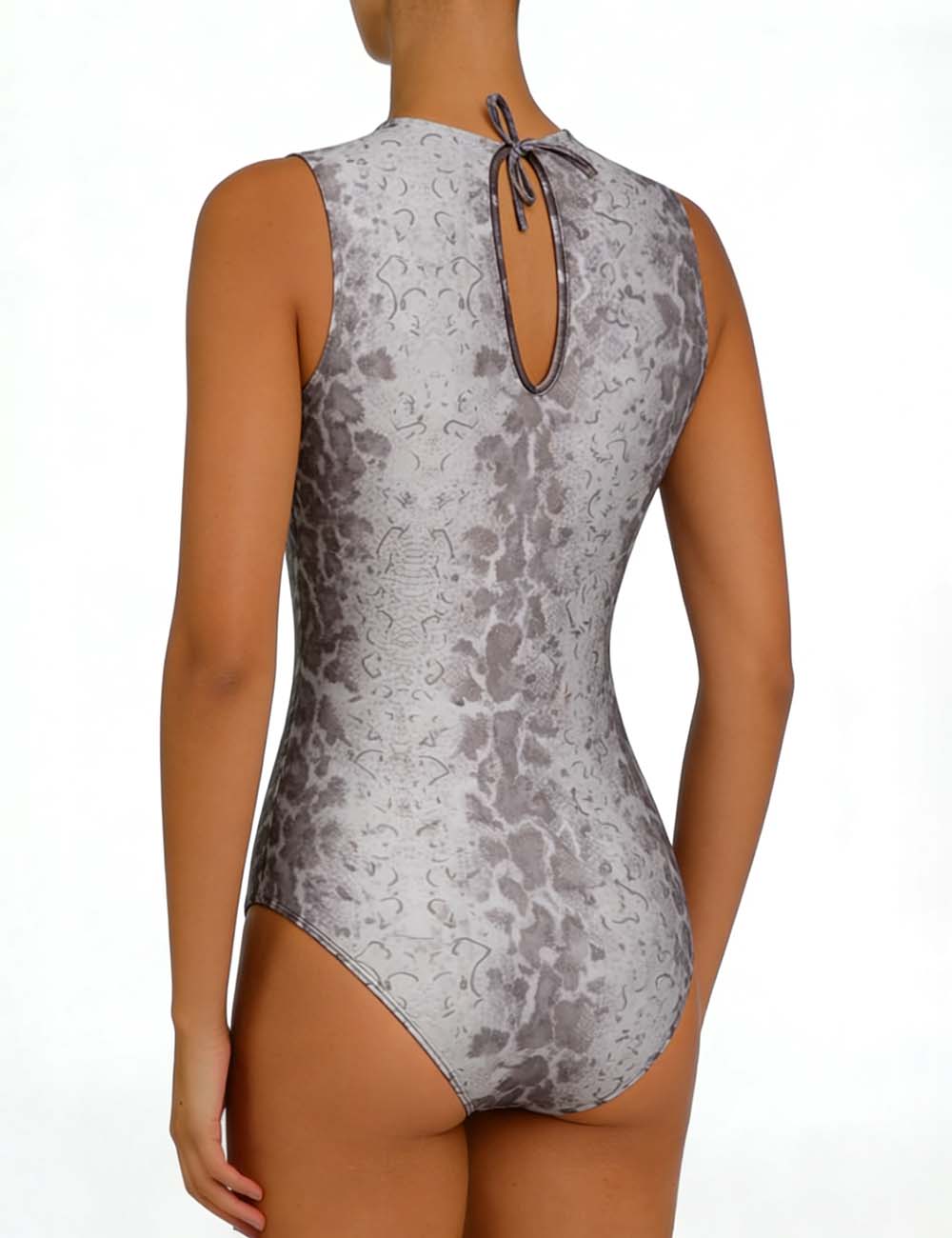Ladies Snake Print Round Neck Sleeveless One Piece Swimsuit