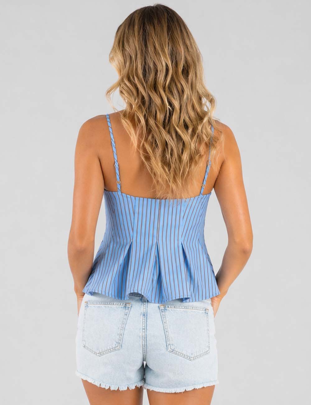 Ladies Chic Striped Spaghetti Strap Button Front Peplum Cami Top
