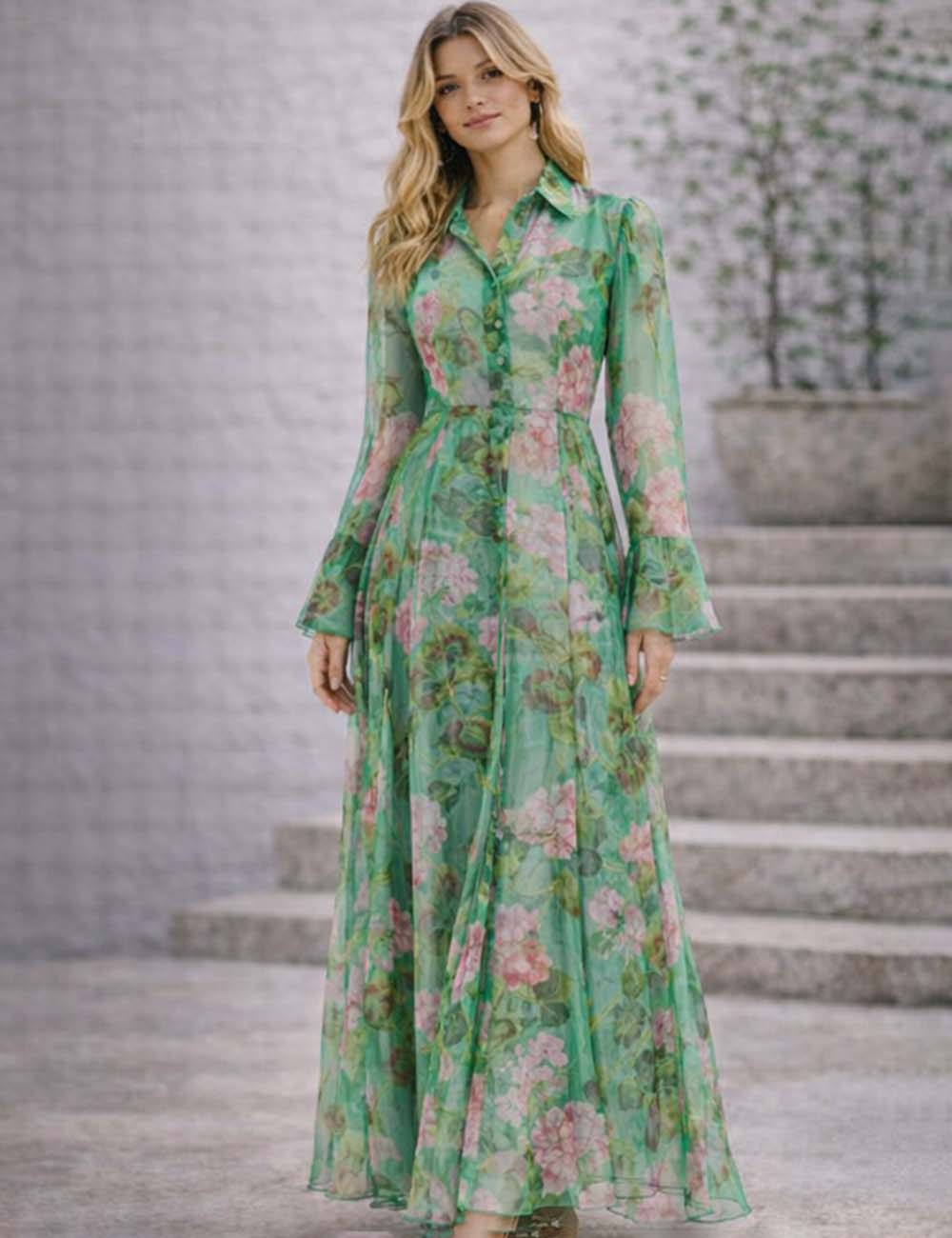 Ladies Floral Print Chiffon Long Sleeves Belted Shirt Maxi Dress