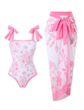 Ladies Floral Print One Piece Swimsuit with Wrap Tie Sarong