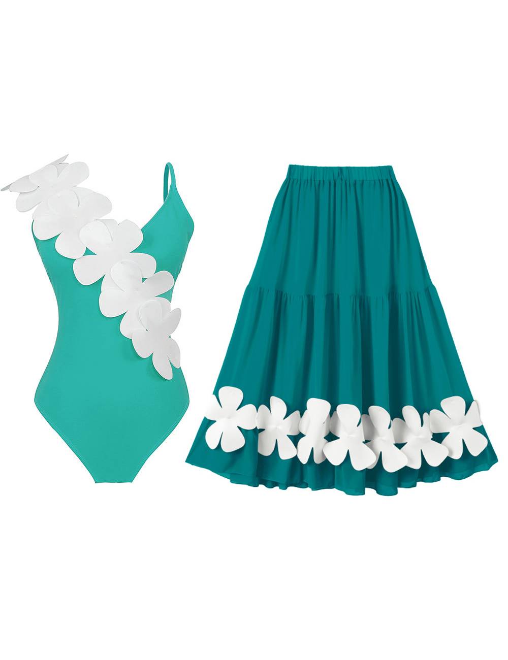 Flower Shoulder One Piece Swimwear 2PCS Set SKSW40141