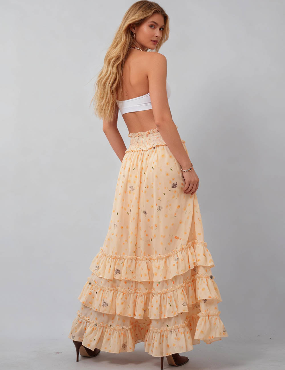 Ladies Floral Tiered Ruffle Smocked Waist Maxi Skirt