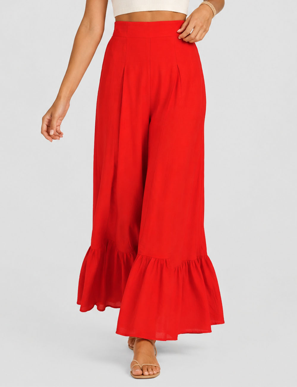 Ladies Elastic Waist Ruffle Wide Leg Pants