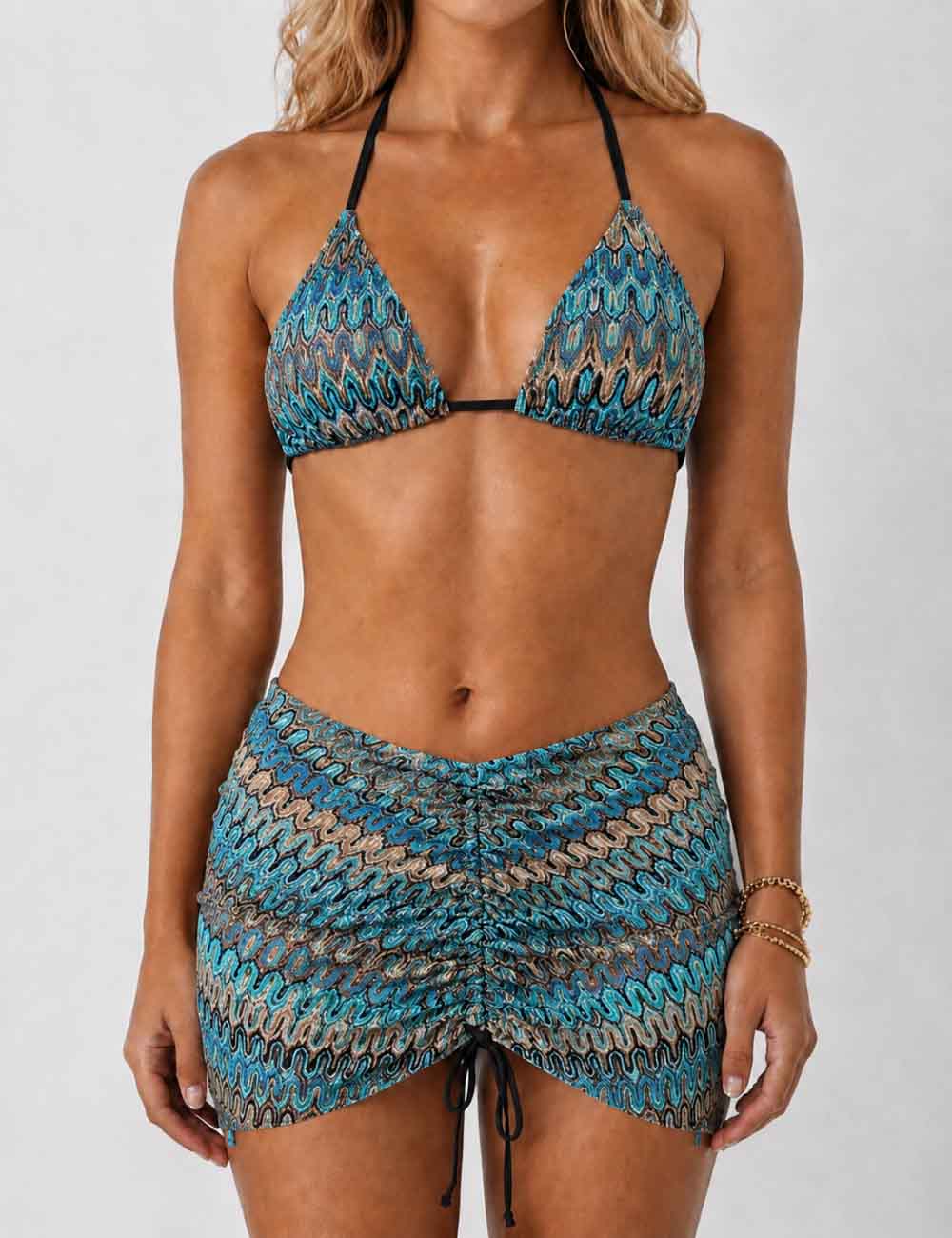 Ladies Wave Striped Knit Triangle Bikini Set with Cover Up Skirt