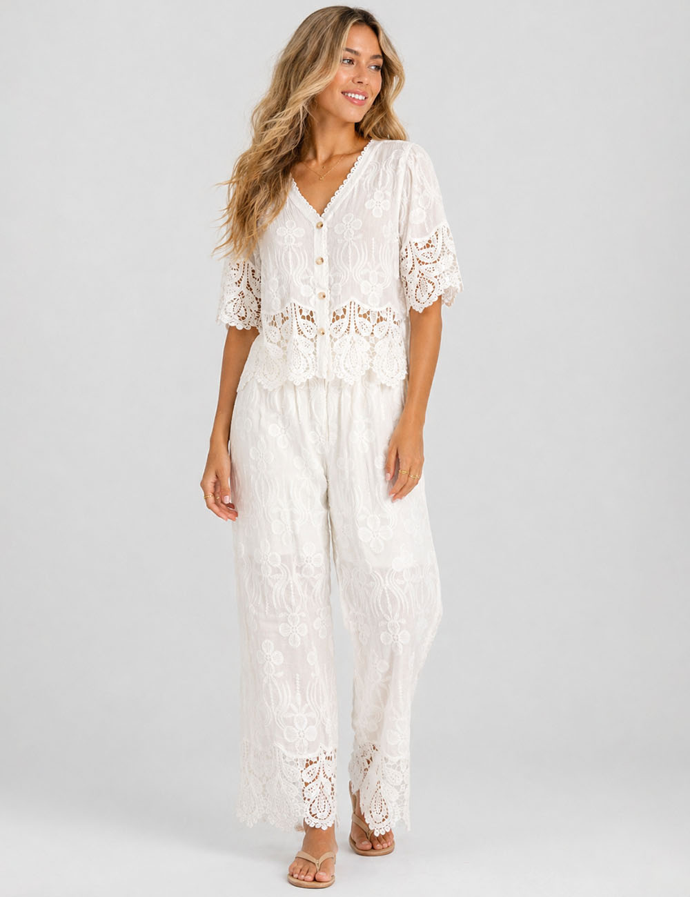 Ladies Crochet Lace Embroidered Button Top & Pants Set