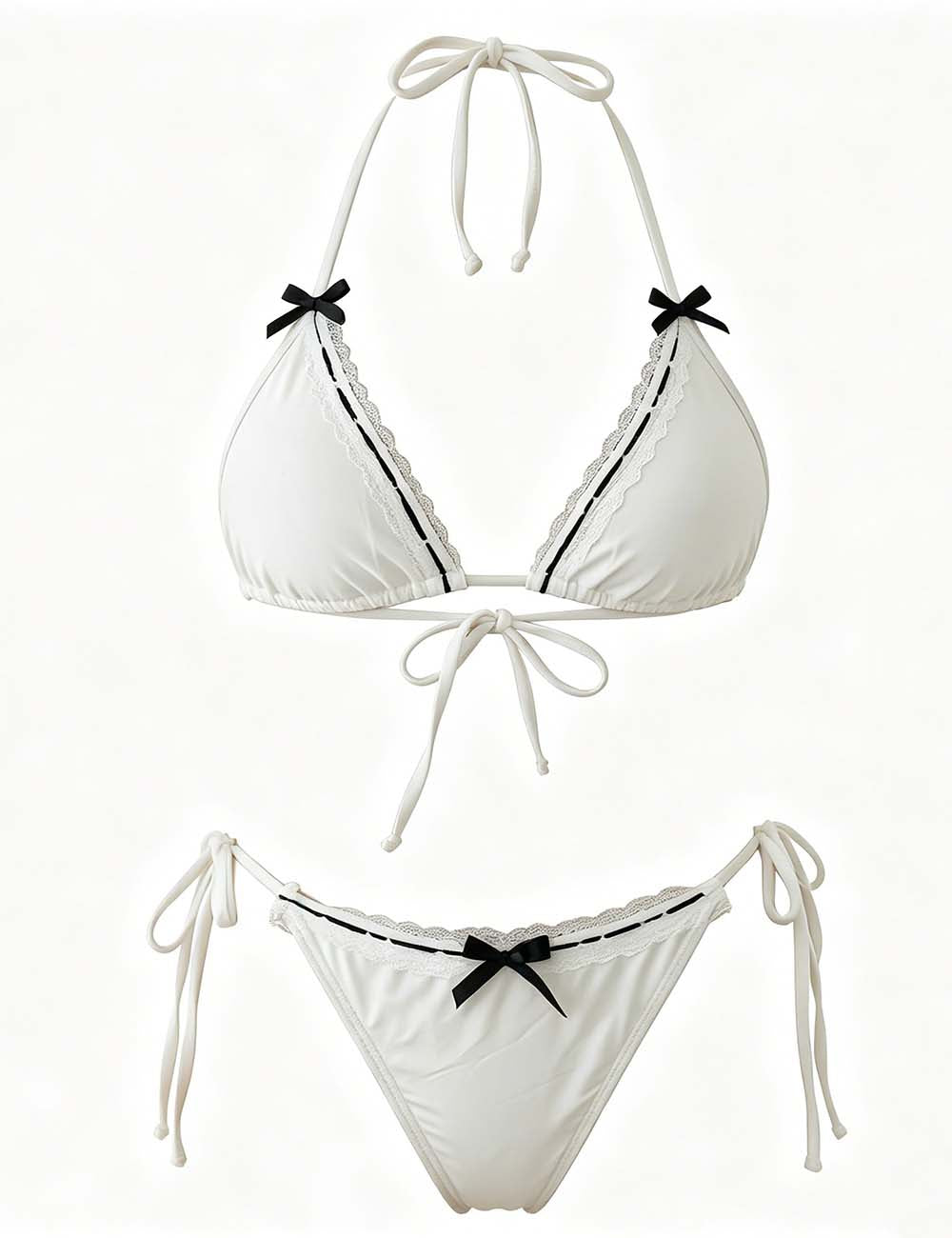Ladies Lace Trim Bowknot Triangle 2 Piece Bikini Set