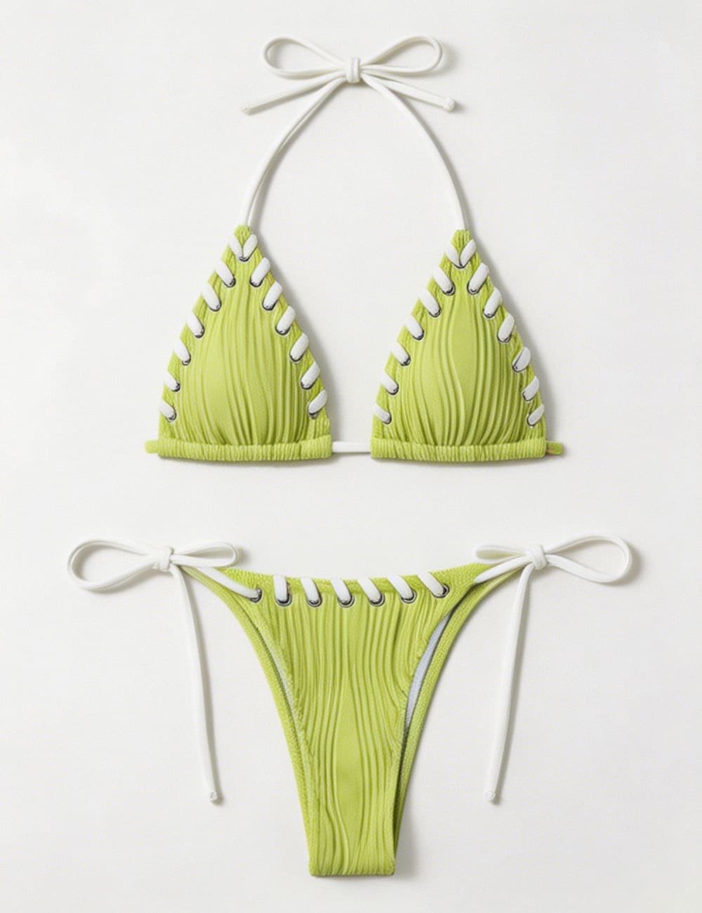 Ladies Braided Trim Ribbed Halter Triangle 2 Piece Bikini Set